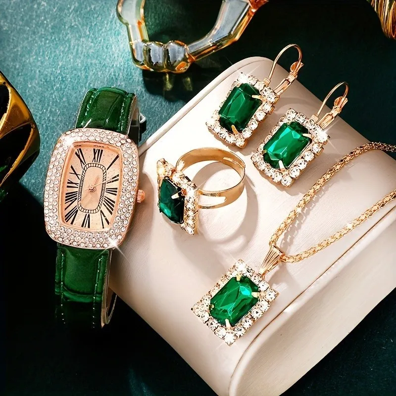 Kegllect женские часы в стиле барокко со стразами, кварцевые часы, прямоугольная стрелка, аналоговые наручные часы и комплект ювелирных изделий из 4 предметов, подарок для мамы и нее