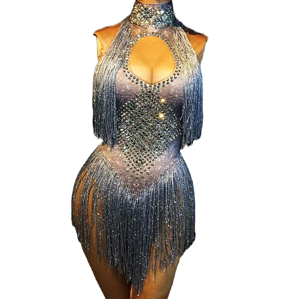 Sparkly Rhinestones Silver Tassel Women Bodysuits Sleeveless DJ Singer Dance Stage Wear Nightclub One Piece Performance Costume