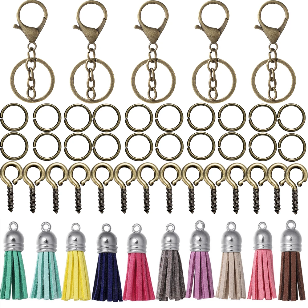 Llavero con borlas de cuero para fabricación de joyas, kit de accesorios para llavero, colgantes de resina epoxi, 65 unids/set