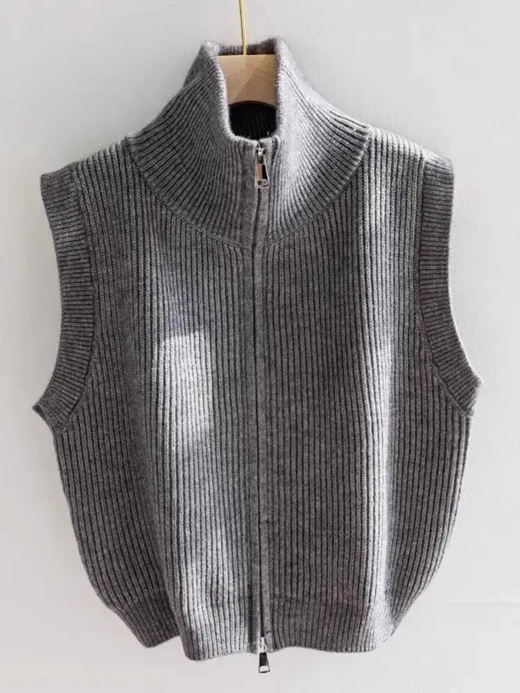

Zipper Vest Women Sweater Autumn Sleeveless Sweater Vest Stand Collar Solid Color Outside The Western Style Vest Female