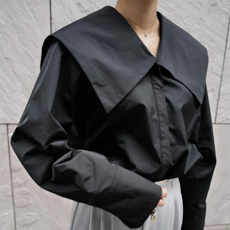 SuperAen Japan Style Cotton Sailor Collar Single-breasted Shirts Loose Single Breasted Design Black Casual Shirts
