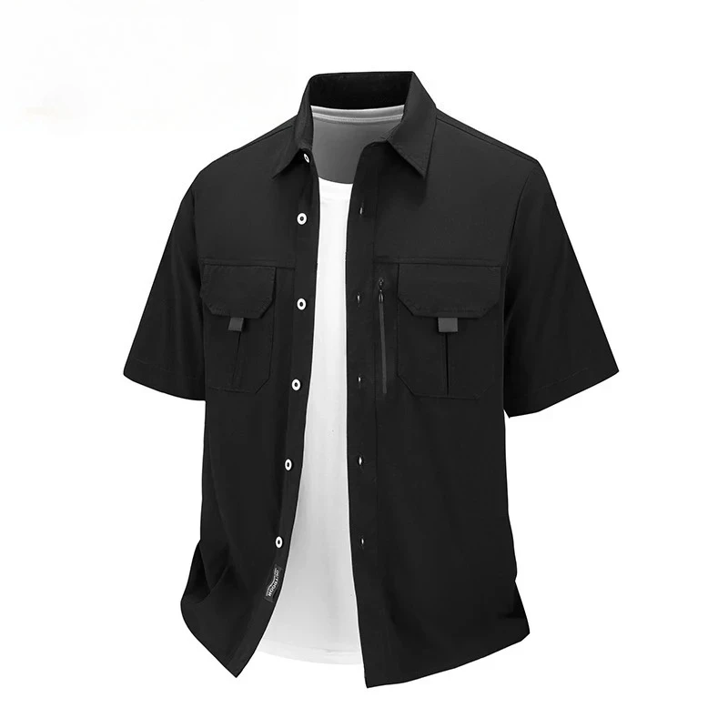 

Мужская рубашка, однотонная, ледяная, крутая, летняя, с коротким рукавом, быстросохнущие рубашки, карго с карманами, свободные, высокого качества