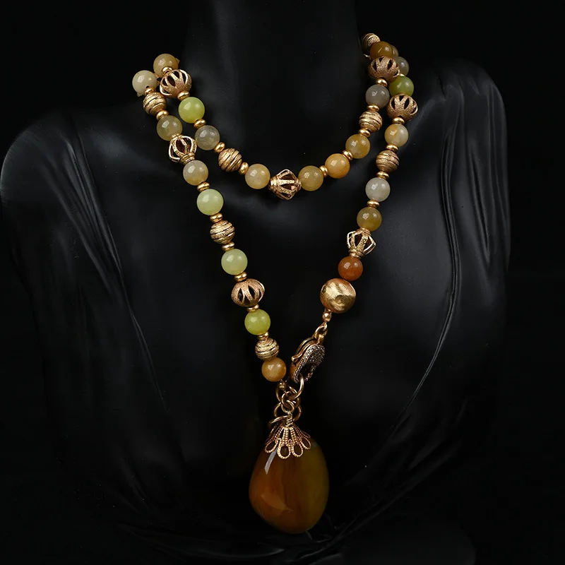 

Винтажное ожерелье из бисера из натурального камня, подвеска из агата, элегантная цепочка для свитера, модные украшения в стиле ретро для женщин, аксессуары для вечеринок, вечерние