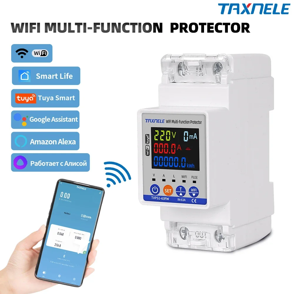 SmartLife TUYA WIFI 63A قطاع دارة أكثر من تحت الجهد حماية الأرض تسرب حامي التتابع التبديل الطاقة كيلوواط ساعة متر