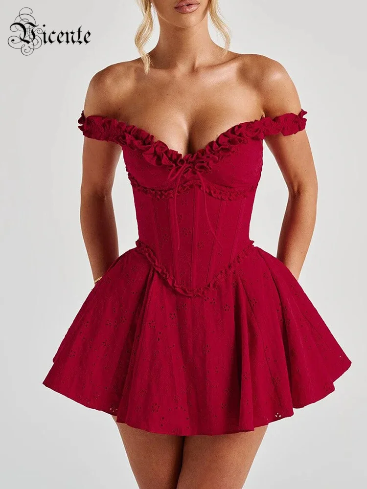 

VC Модное красное мини-платье с открытыми плечами и V-образным вырезом с корсетом для фестиваля и мероприятия, любимое платье