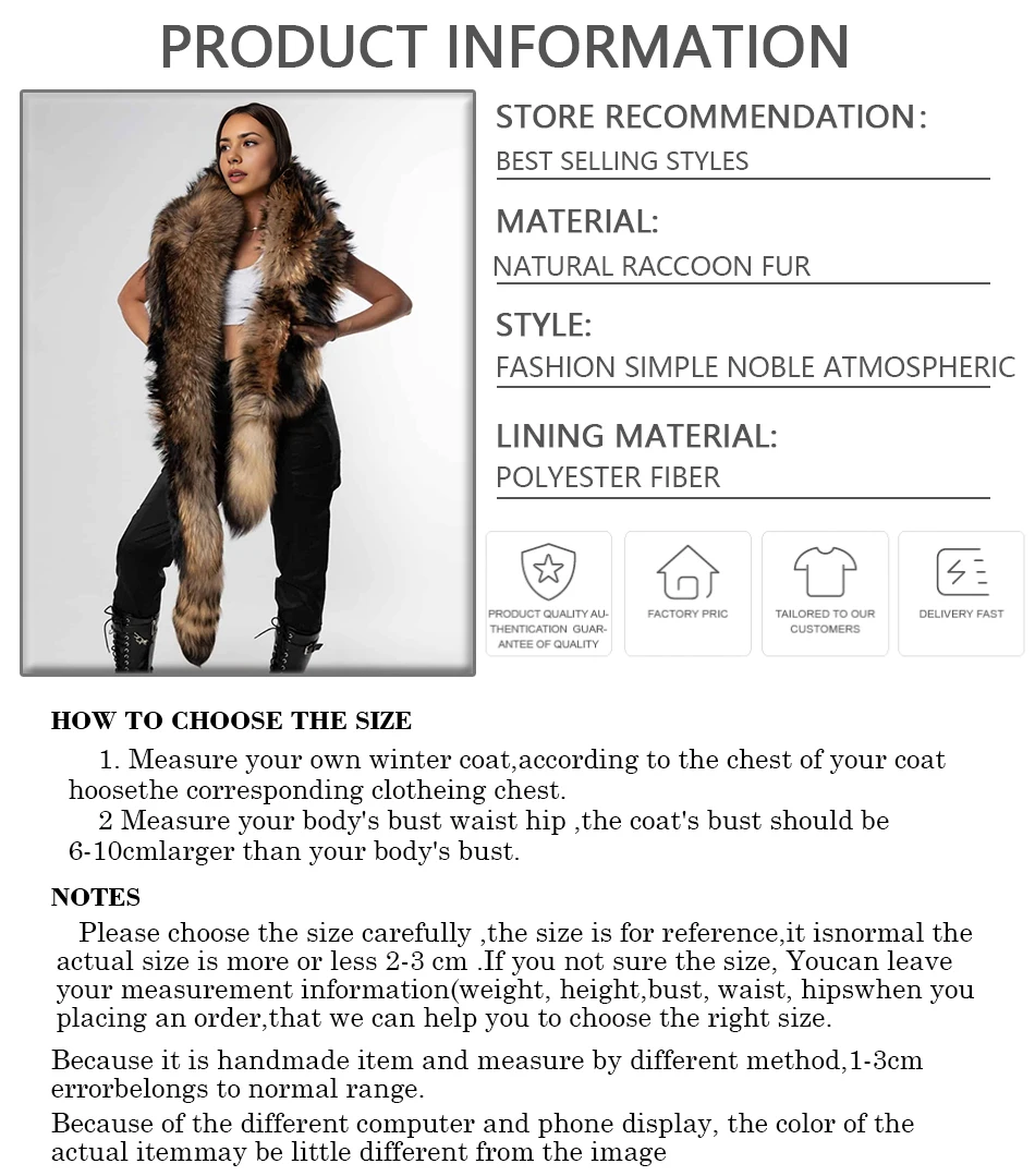 معاطف فرو الراكون الطبيعي شال فرو الراكون الأصلي للنساء كيب فرو حقيقي طويل مع ذيل إكسسوار فراء شتوي دافئ
