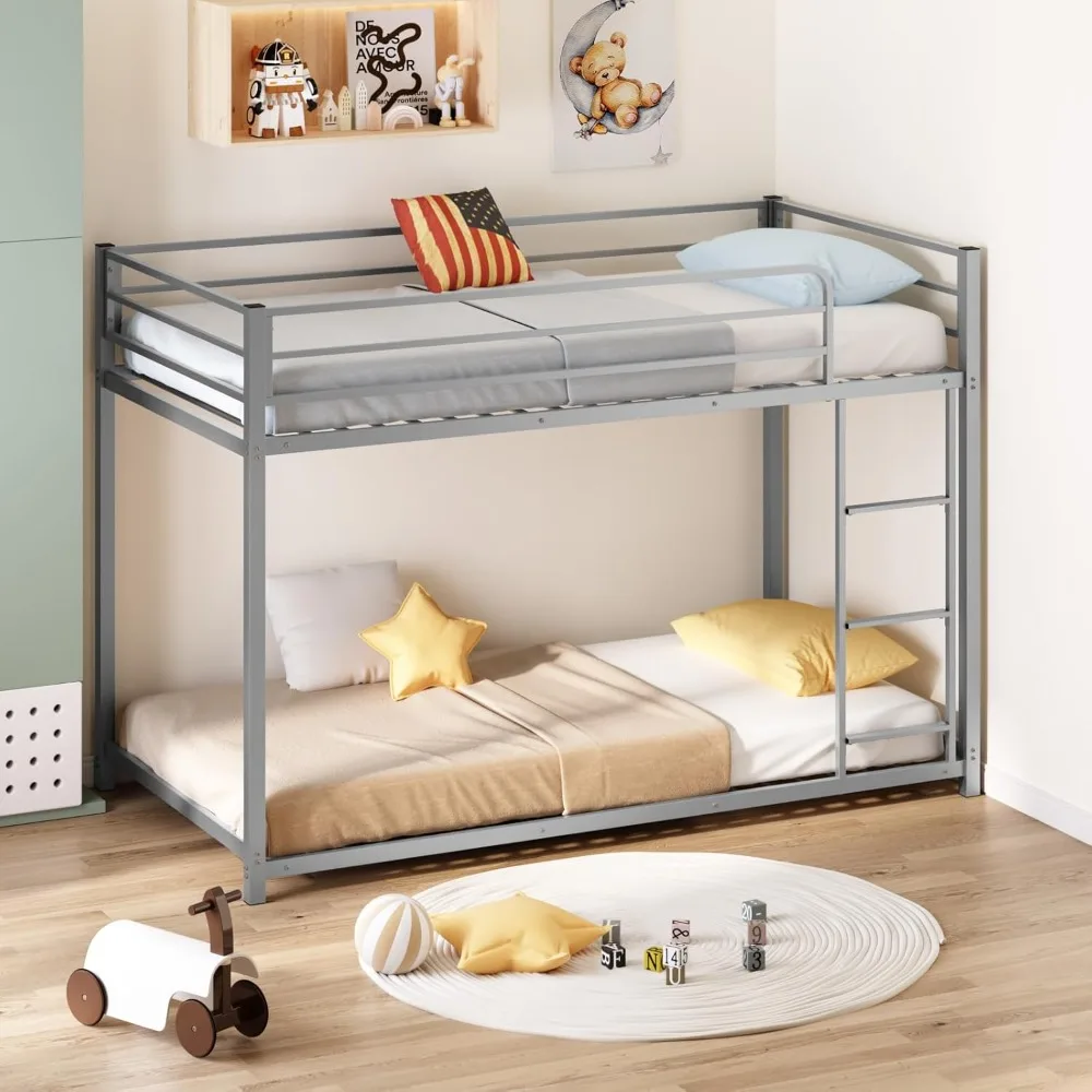 

Bunk Bed Twin Over Twin, Metal Twin Size Bed Frame with Safety Guardraild for Boys Girls,Junior, Low Profile Space Saving Design