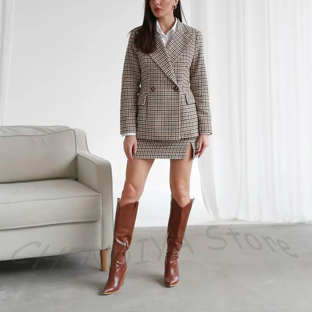 

Exquisite Luxury Women Suit Houndstooth Customized Peasked Lapel Jacket Short Skirt Slim High Quality Casual Fashion Blazer Set