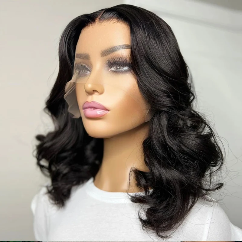 ベビーヘア付きボディウェーブレースフロントウィッグ、合成、接着剤なし、ショート、ブラック、ソフト、デイリーウェア、16インチ、180密度