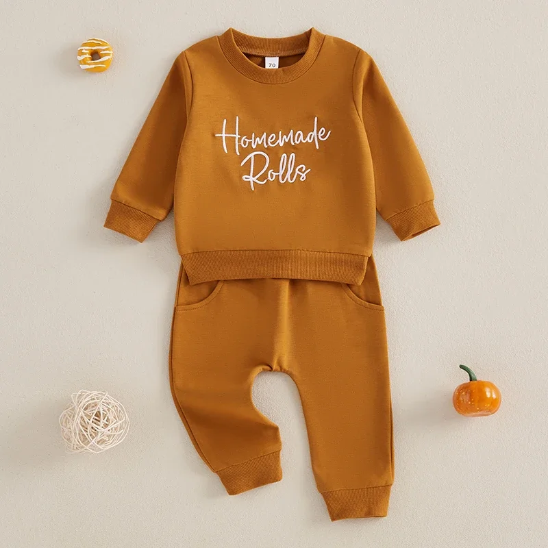 2024-07-29 Lioraitiin 0-3Y Toddler Girl Boy Thanksgiving Outfits Letter Embroidery Long Sleeve Sweatshirt with Solid Pants Set