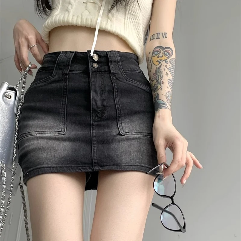 

Women High Waist Gothic Streetwear Skirts Jeans Girls Vintage Denim Mini Dress Female Preppy Style Blue Black Straight Skirts