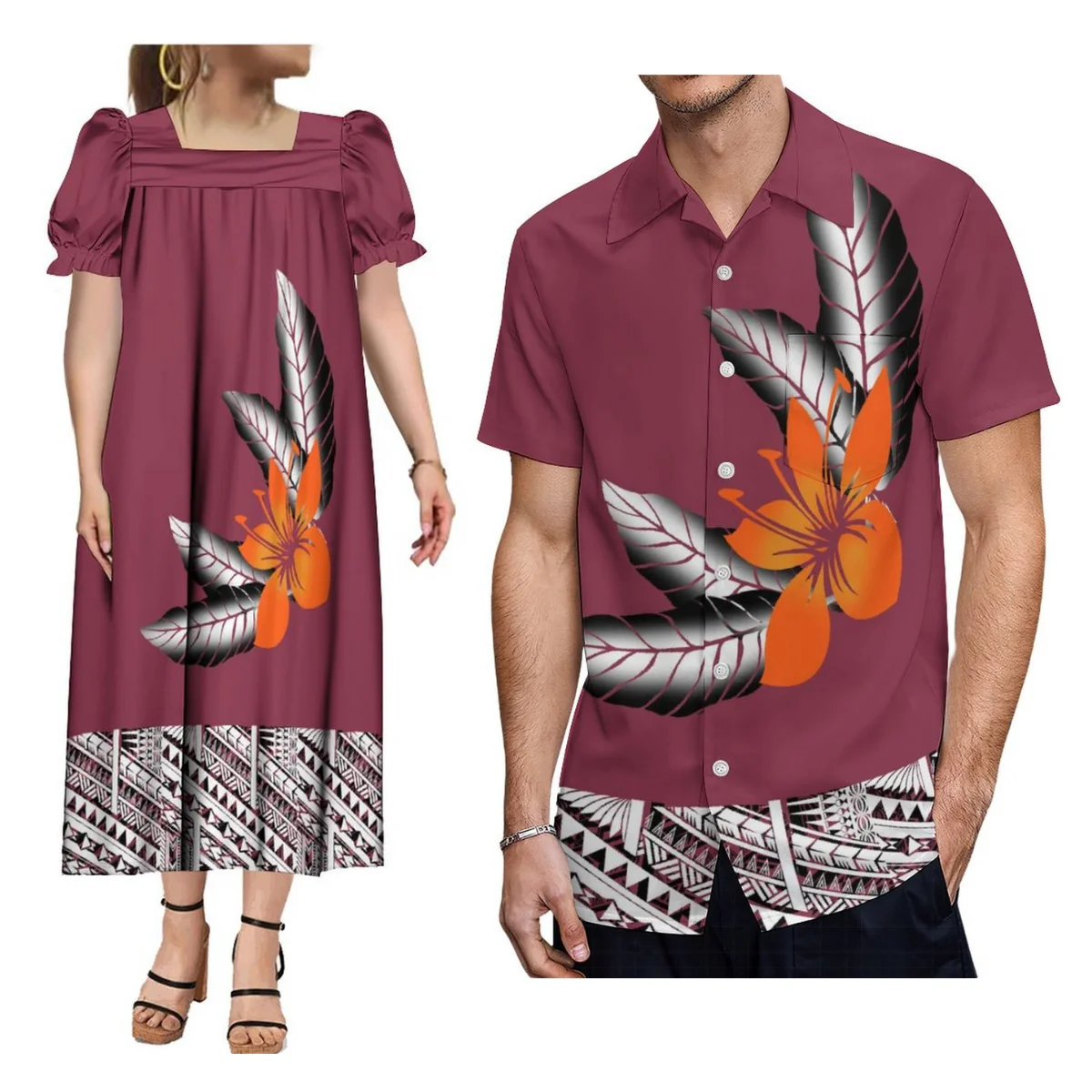 Island-Style Couple Suit Polynesia With Men'S Aloha Shirt And Mumu Micronesia Square Neck Puffed Sleeve Dress