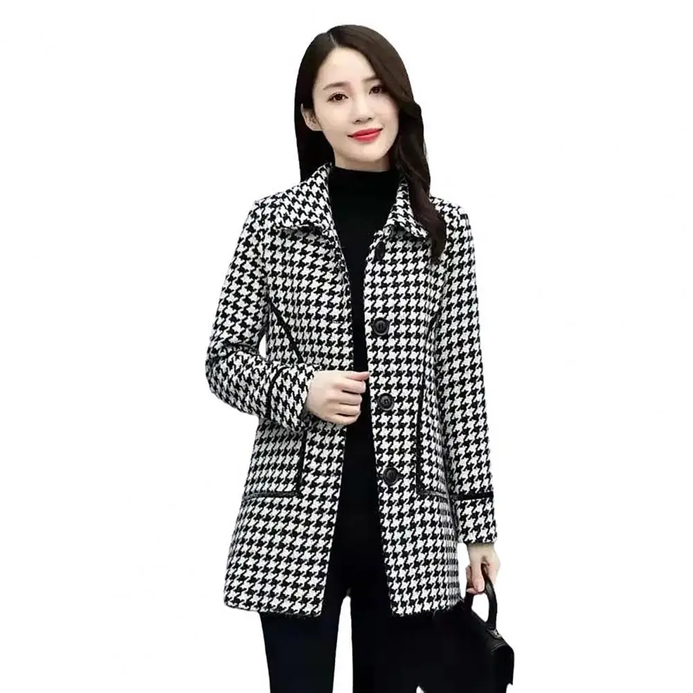 

Lady Cardigan Coat Long-sleeved Overcoat Elegant Herringbone Print Women's Winter Coat with Turn-down Collar Pockets for Fall