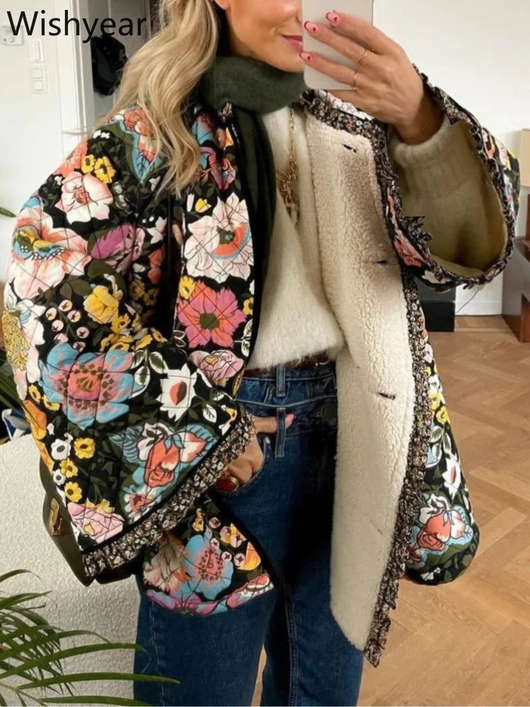 Women Retro Floral Print Quilted Cotton Jacket Sherpa Lined Frayed Trim Long Sleeve Open Front Warm Winter Coat Street Outwear