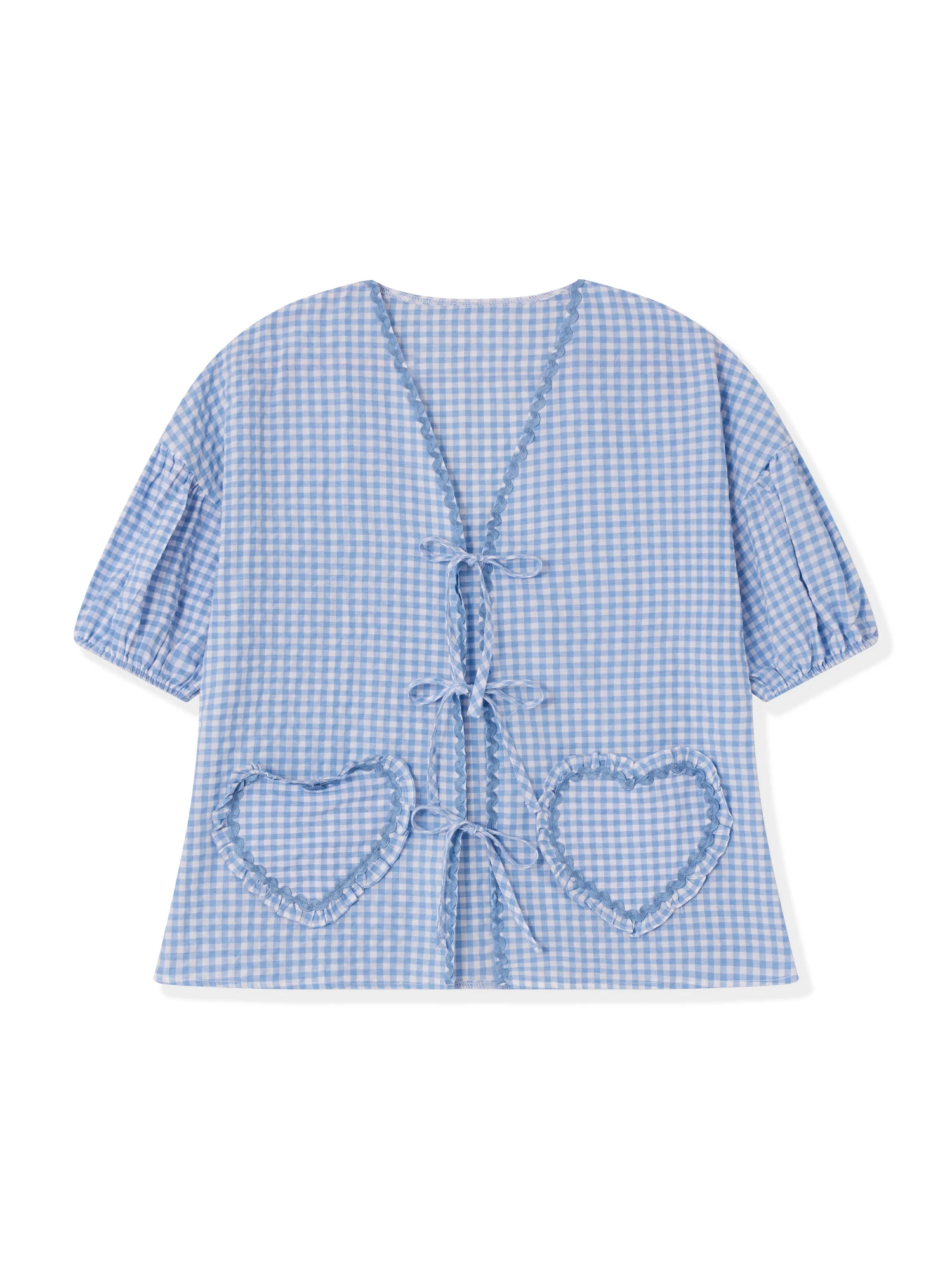 

wsevypo 2024 Summer Half Sleeve Plaids Shirts Women's Tie Front V Neck Loose Tops with Heart Shape Pockets Fashion Street Blouse