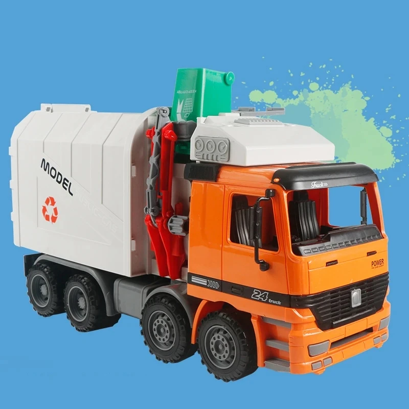 Large Size Children Simulation Garbage Orange Truck Sanitation Car Vehicle Toy Kid Toys With 1 Garbage Can Hand Cranking Operate