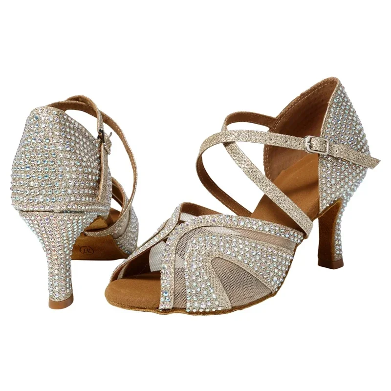 Latin Dancing Shoes Female Adult Medium Heel with Diamonds and Diamonds Black Fashion Dance Shoes Soft Sole Square Dancing Shoes