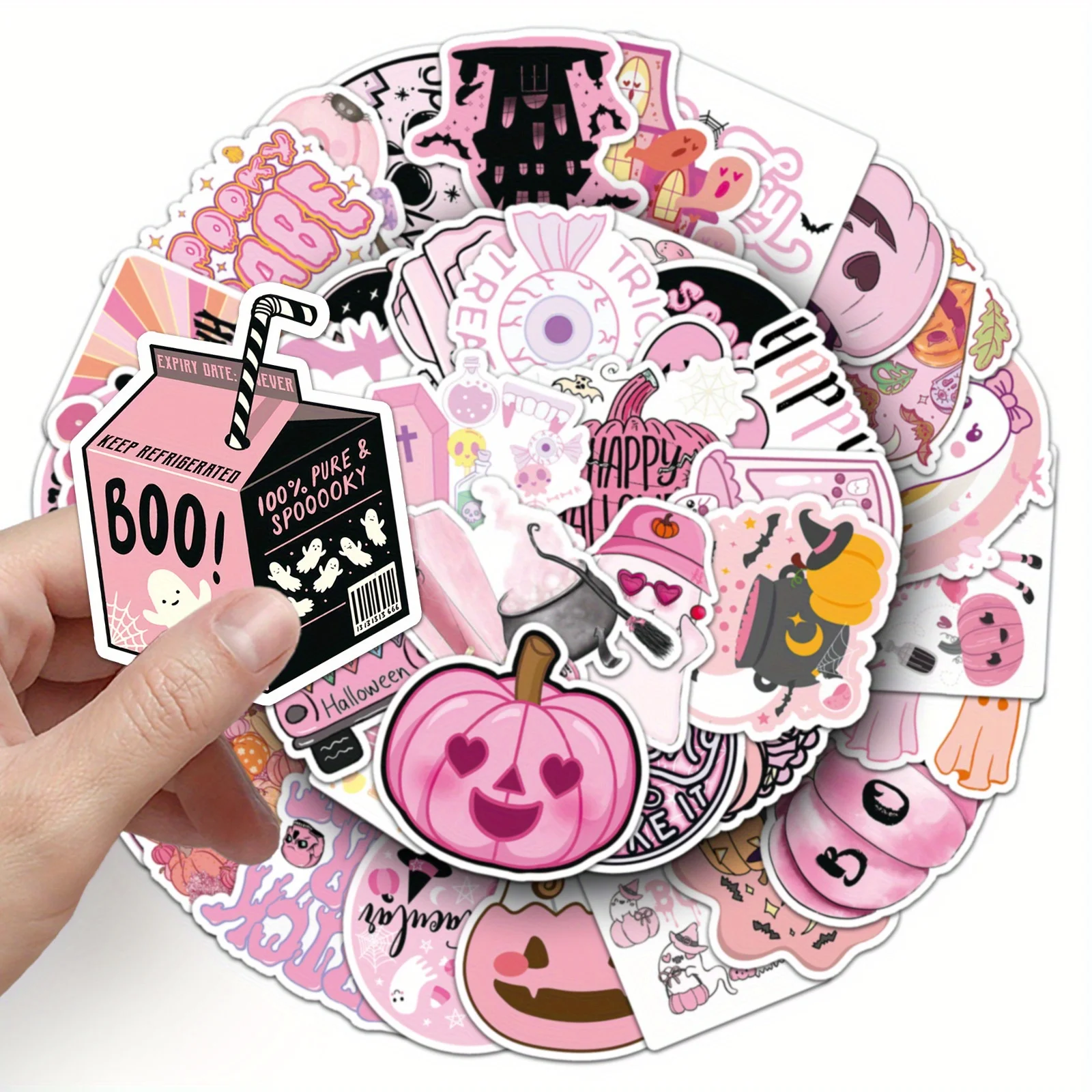 50 Stück wiederverwendbare Halloween- und Weihnachtsaufkleber – rosa Cartoon-Graffiti-Aufkleber mit gruseligen Geistern, Kürbissen, Fledermäusen – DIY-Bastelarbeiten