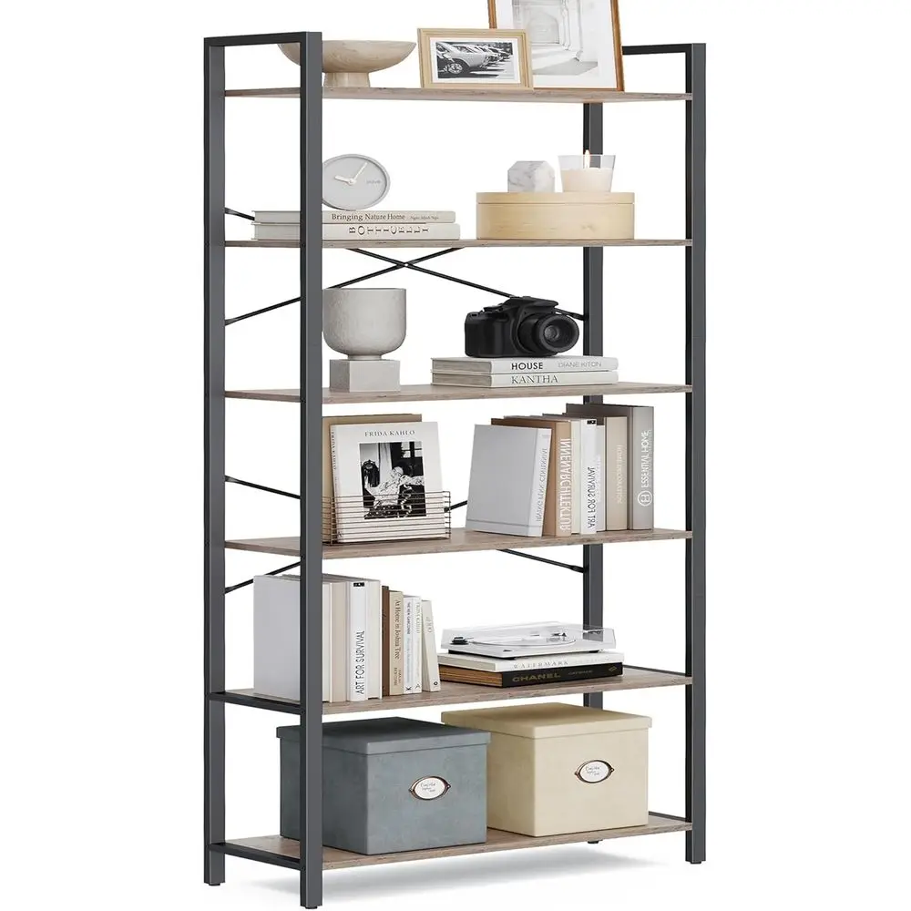 6-Tier Industrial Style Bookshelf, Steel Frame, Heather Greige and Ink Black, 11.8x31.5x73.2 Inches