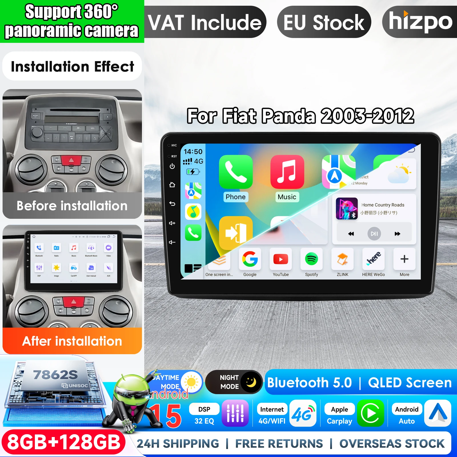Image of Hizpo 9-Zoll Wireless CarPlay Android Auto Autoradio für Fiat Panda 2003 - 2012 Multimedia Wireless Apple CarPlay Smart Intelligent Systems IPS Touchscreen Stereo Videoplayer 2 Din Autoradio Head Unit