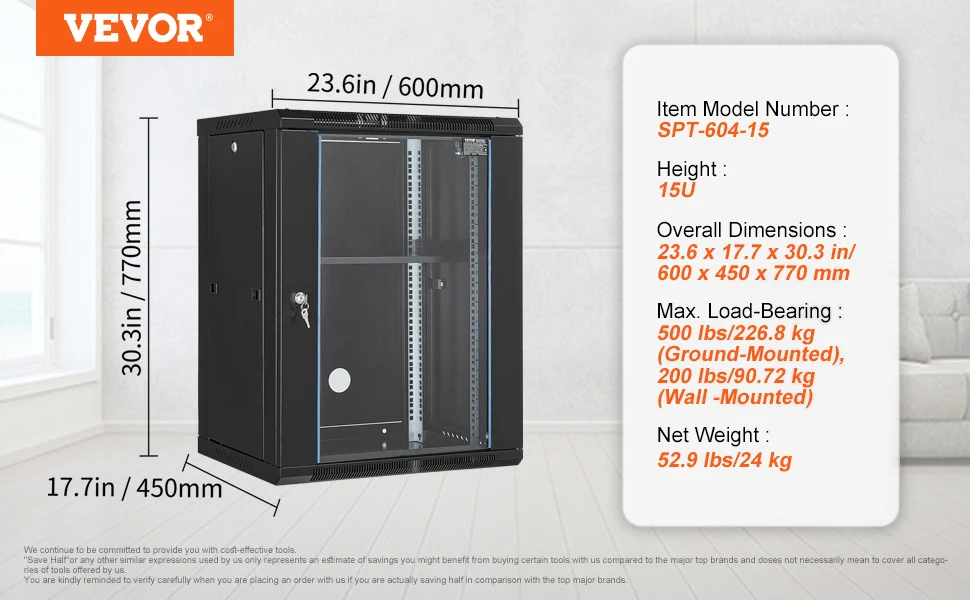 SucceBuy 15U Wall Mount Server Cabinet 500lbs Max Ground-mounted Load Capacity Network Rack Enclosure for IT A/V Devices