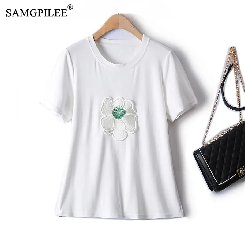 Summer Oversized T-shirts Women Embroidered Flowers Giant Thin O Neck Stretch Straight Things Short Sleeve Kawaii Top Female 4XL