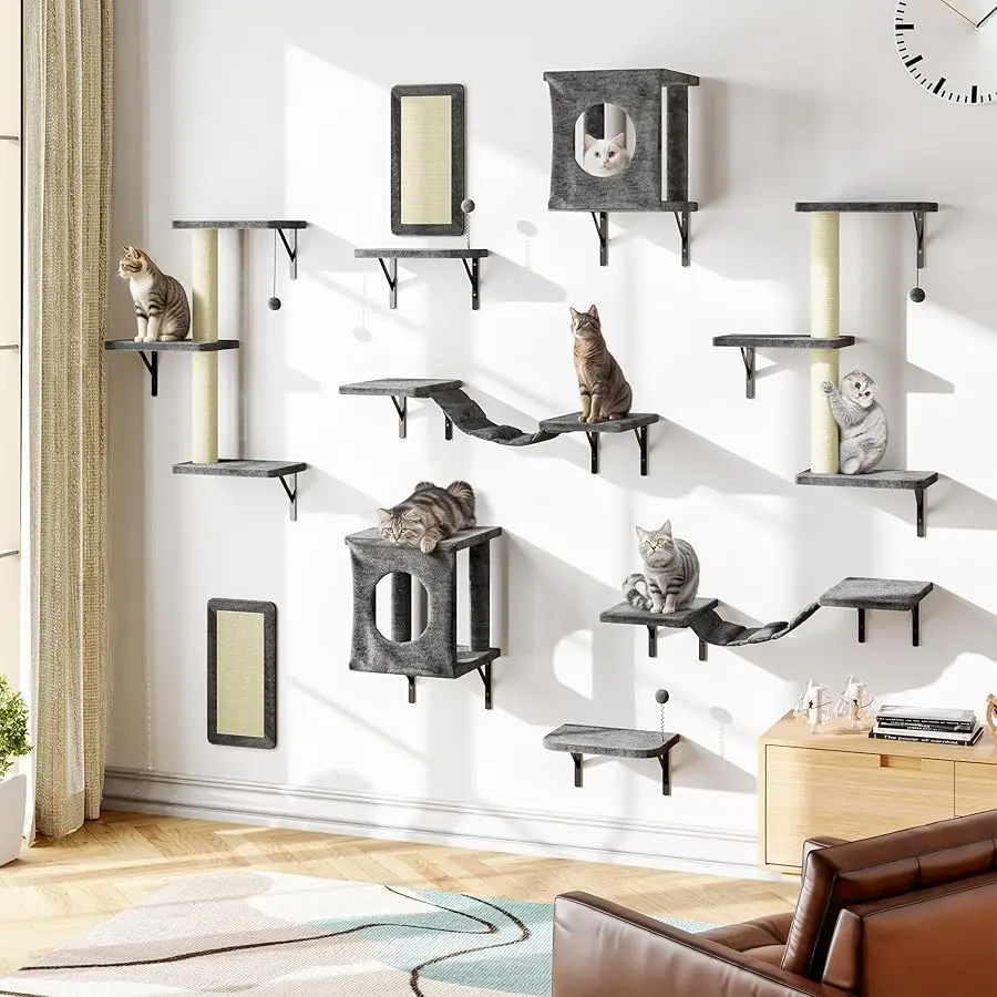

10-in-1 Cat Wall Shelves, Wall Mounted Cat Climber Set with Kitten House, Bridge, Steps, Scratcher, DIY Playground for Indoor Ki