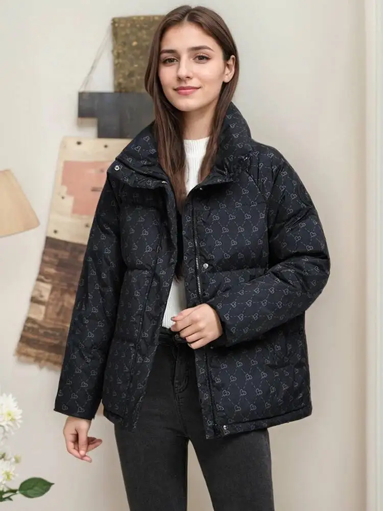 

Women's Drop Shoulder Printed Loose And Slim Warm Bread Jacket Short Lazy Style Zip Up Padded Coat For Winter