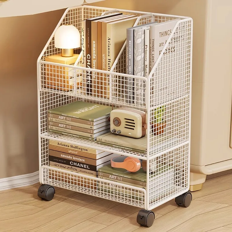 AOLIVIYA Mobile Floor Bookcase Cabinet Library Shelves Desk Bookshelf Storage Rack Pulley Display Organizer Side Stand