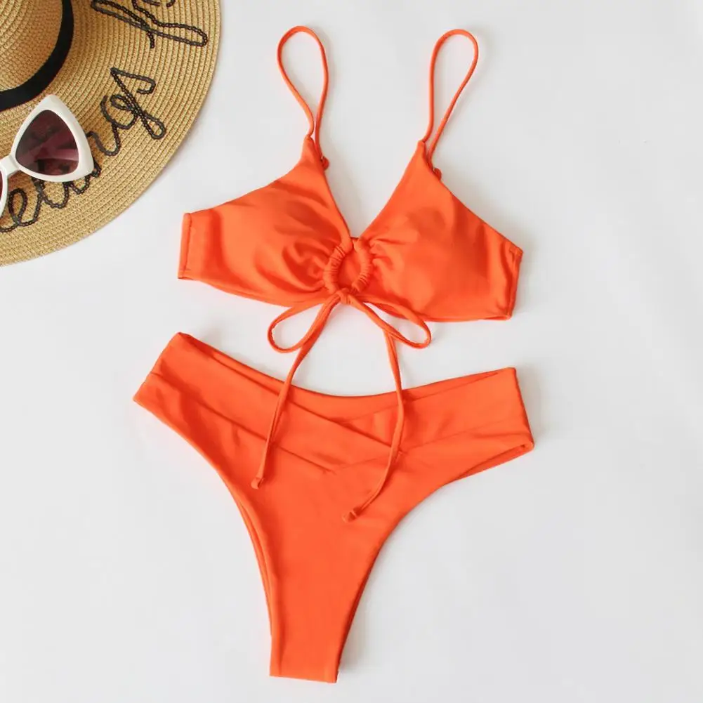 2 teile/satz Frauen sexy Bikini Set Schlinge gepolsterte Schnür-BH hohe Taille Slips Set einfarbige Split Design Bade bekleidung