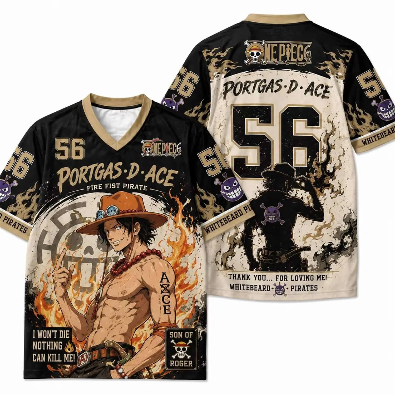 One Piece Luffy Front and Back Printed Mesh Jersey for Men and Women, Pirate Anime V-neck Loose Short Sleeved Street Style