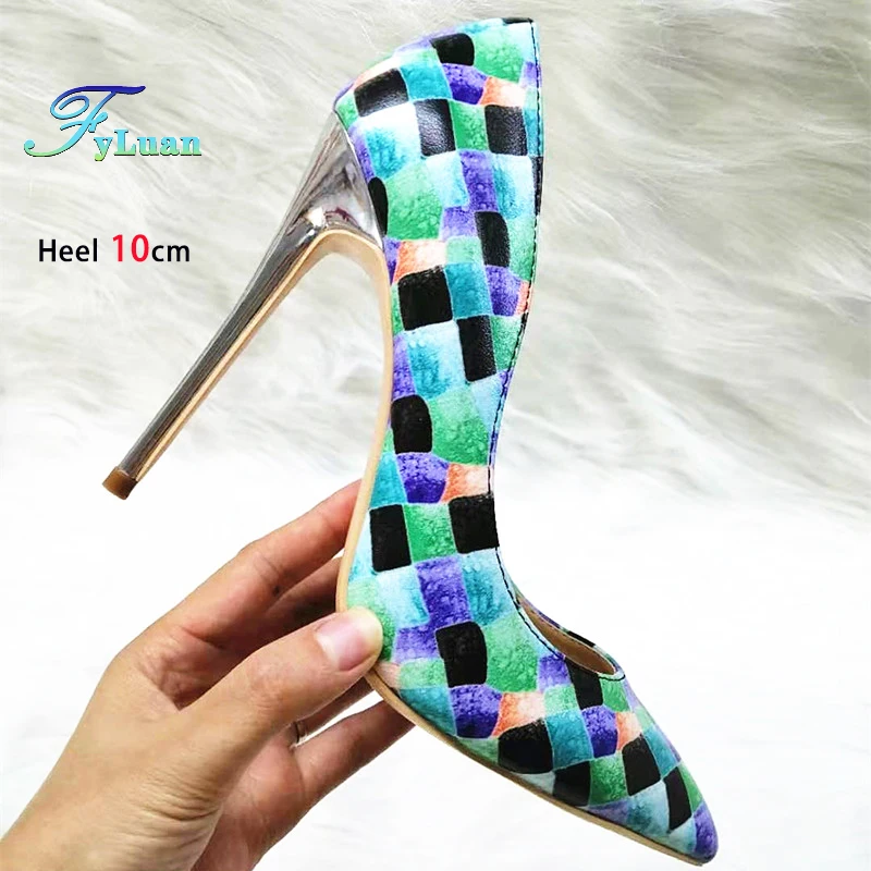 Brand Multicolor Color Women High Heels Shoes 6-10cm Pointed Toe Colorful Plaid Nightclub Party Shoes Fashion Stiletto Size 44