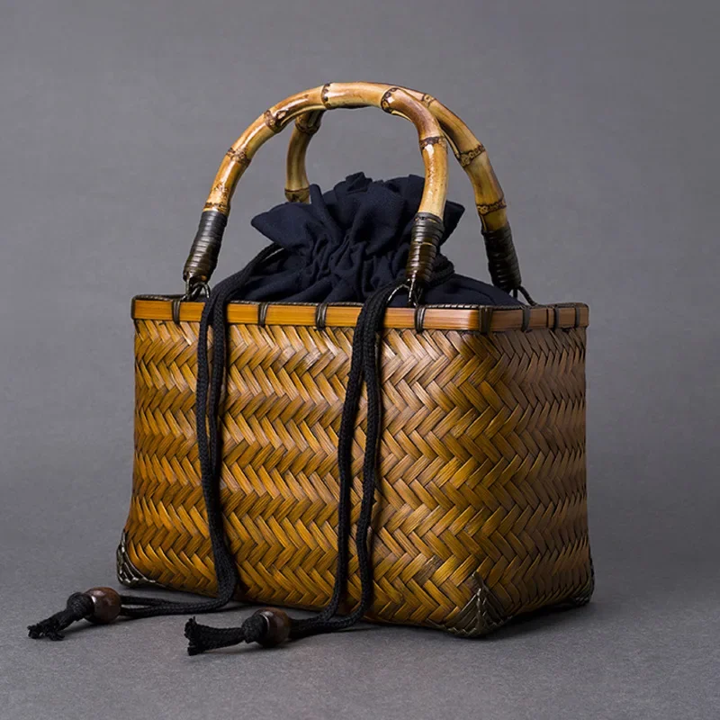 

Chinese Retro Woven Bag Women Bento Tableware Storage Bundle Mouth Lining Style Handheld Basket Bamboo Handle Organizer Pouch