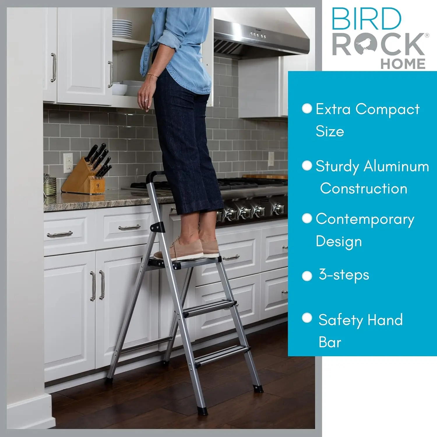 BIRDROCK HOME 3-Step Aluminum Step Ladder - Lightweight Foldable Stepladder with Wide Non-Slip Steps - Ideal for Kitchen, Pantry