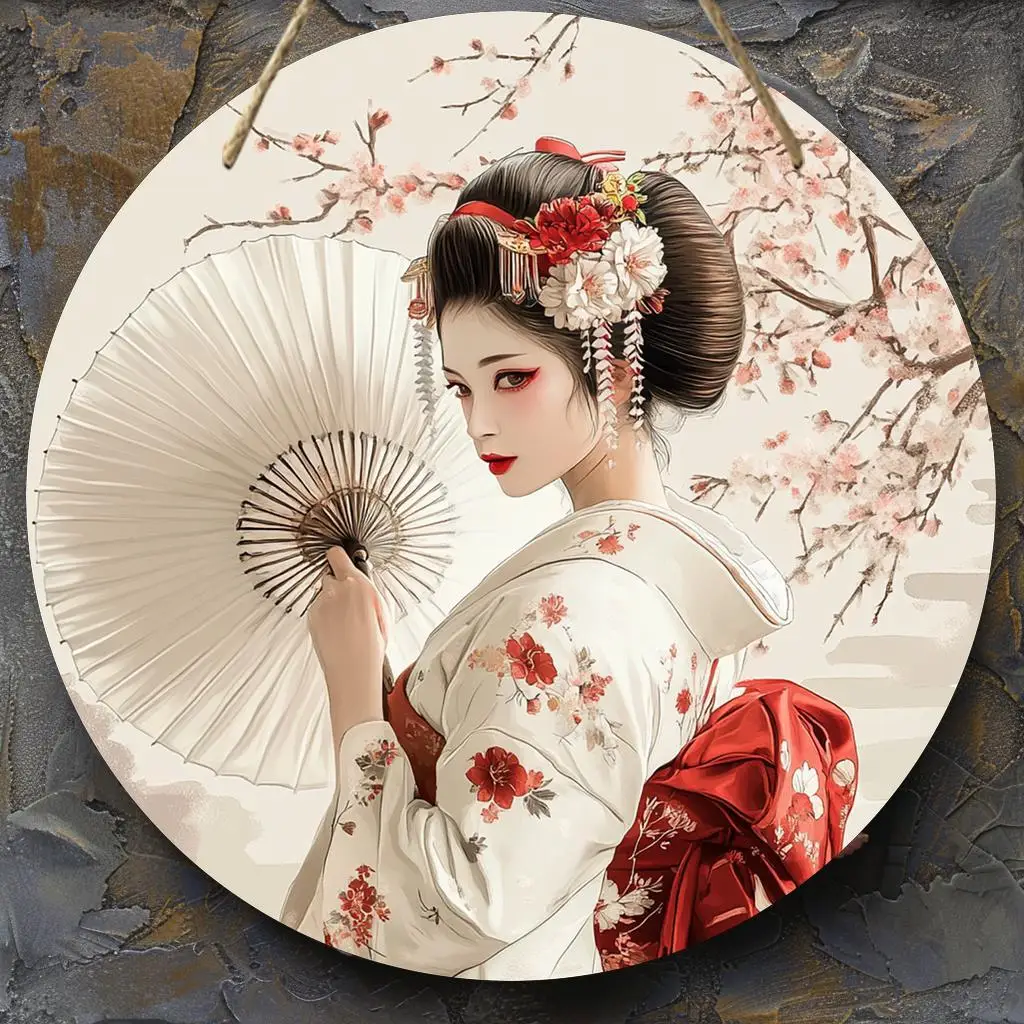 2D Flat, 1pc, Round Wooden Sign Depicting a Woman in a Japanese Kimono, 2D Printed Wall Art Decoration, Size 8.0x8.0 Inches, a V