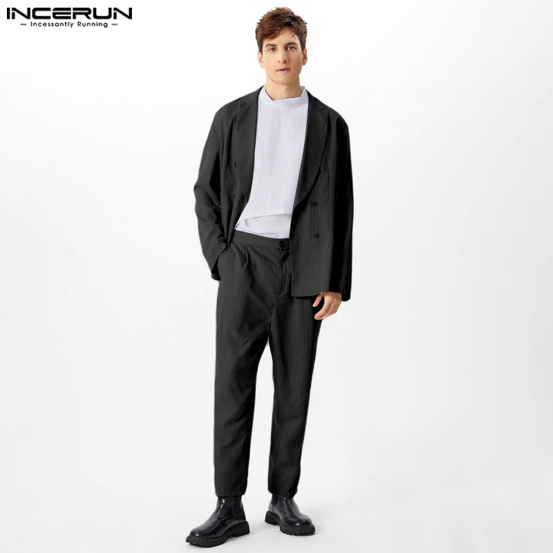 INCERUN 2024 conjuntos sencillos de estilo americano, traje de manga larga para hombre, abrigos, pantalones, conjuntos de dos piezas a rayas a la moda para hombre guapo, S-5XL