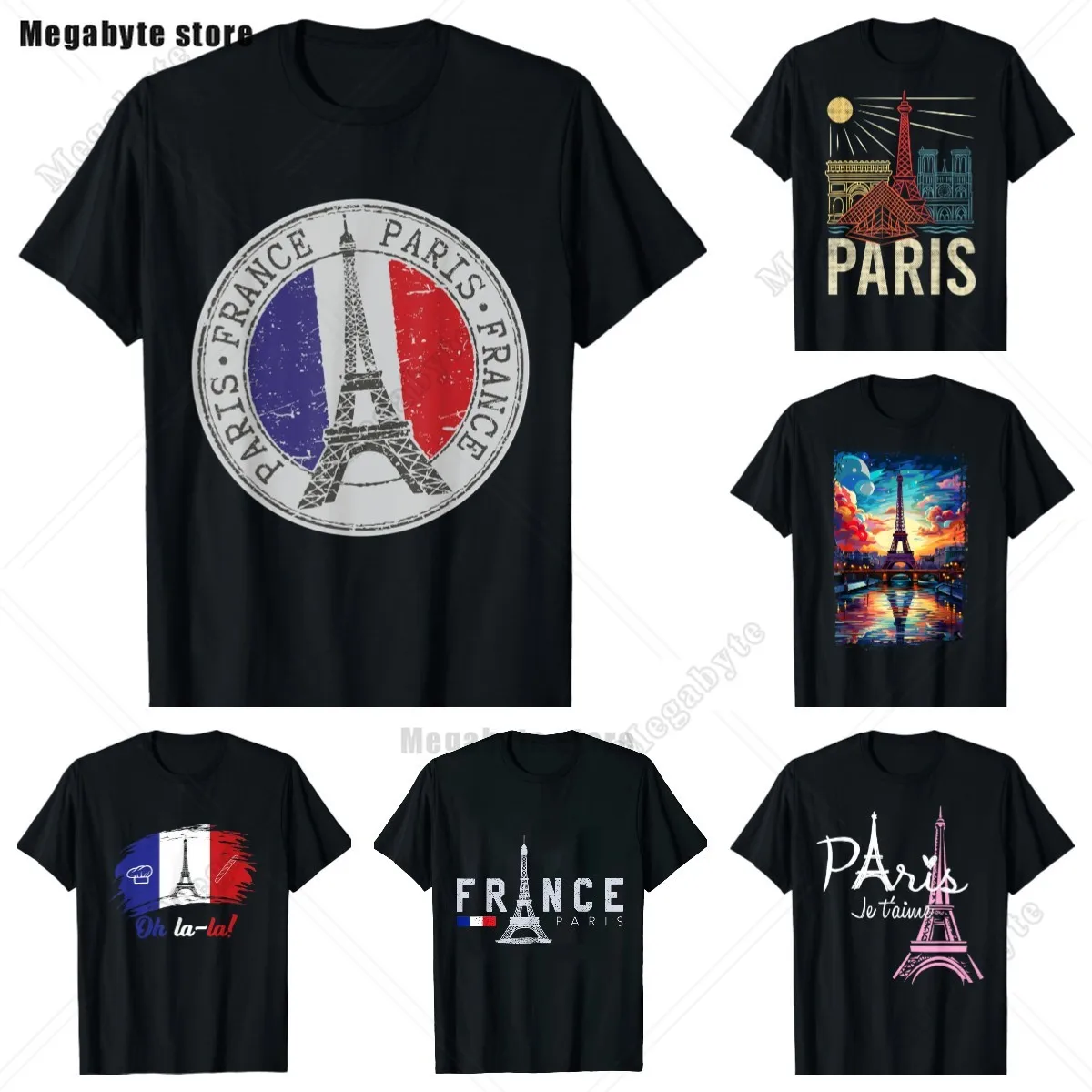 تي شيرت كلاسيكي بتصميم برج إيفل ، قطن ، تنفس ، كاجوال ، موضة ، ملابس شارع ، أنا أحب باريس ، فرنسا #1