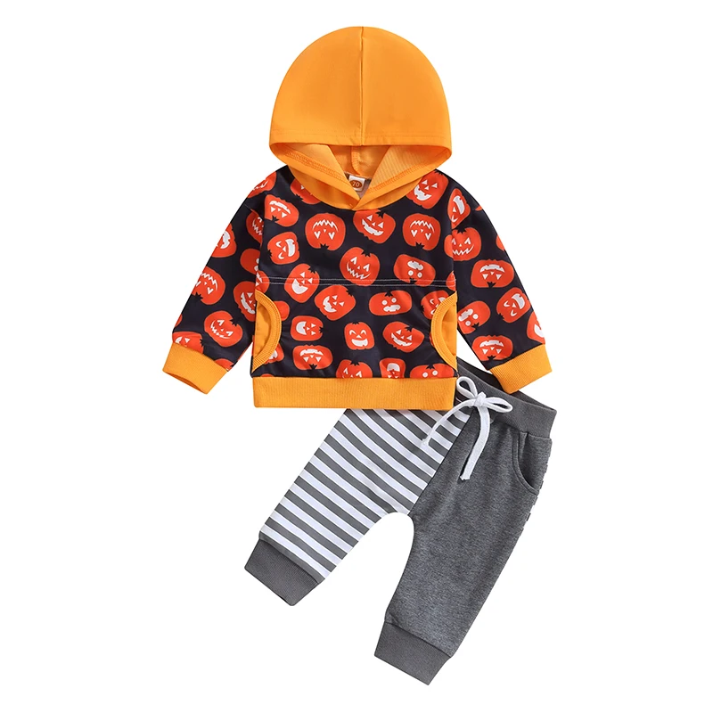 

Toddler Boy Halloween Clothes Pumpkin Print Long Sleeve Hoodies Elastic Waist Stripe Patchwork Pants 2Pcs Outfit