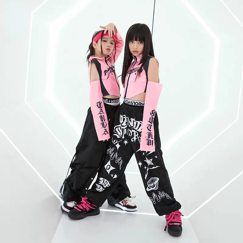 Hiphop Danskostuum Voor Meisjes Roze Tops Zwarte Broek Tieners Jazz Danskleding Kpop Outfits Kids Podiumkleding