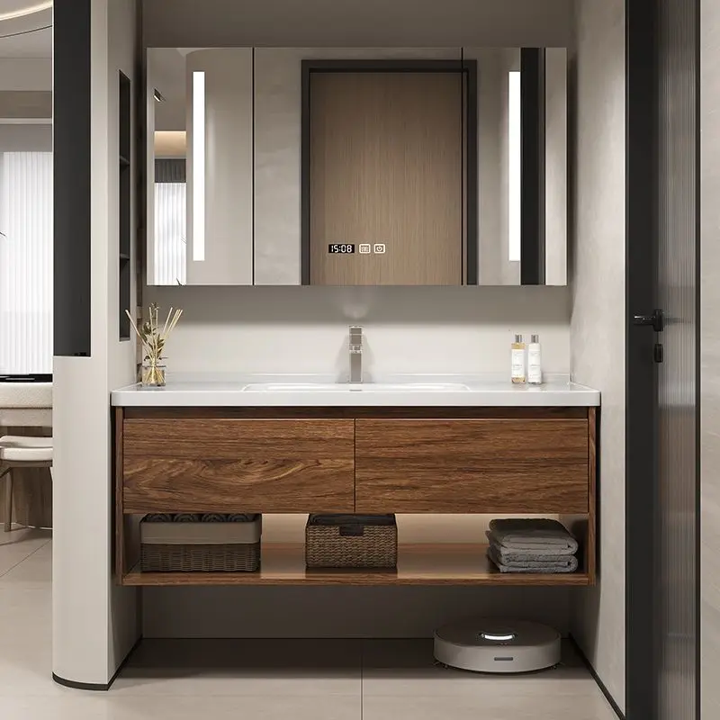 

Walnut Bathroom Vanity Hotel Mirror Cabinet Ceramic Integrated Bathroom Cabinet with Sink Combo Storage Cabinet Home Furniture