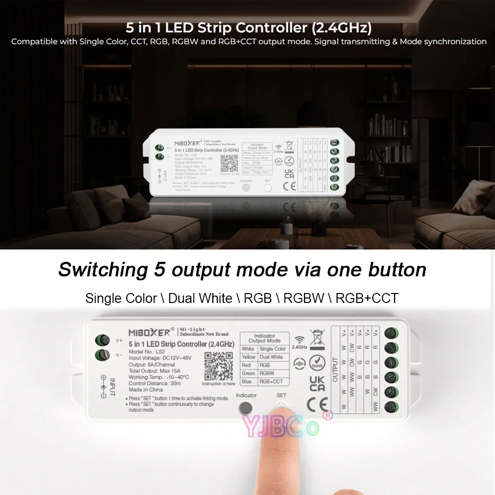 

Miboxer 2.4G Single color/Dual white/RGB/RGBW/RGB+CCT LED Strip Controller LS2 12V-48V 24V Max 15A light tape 5 in 1 led dimmer