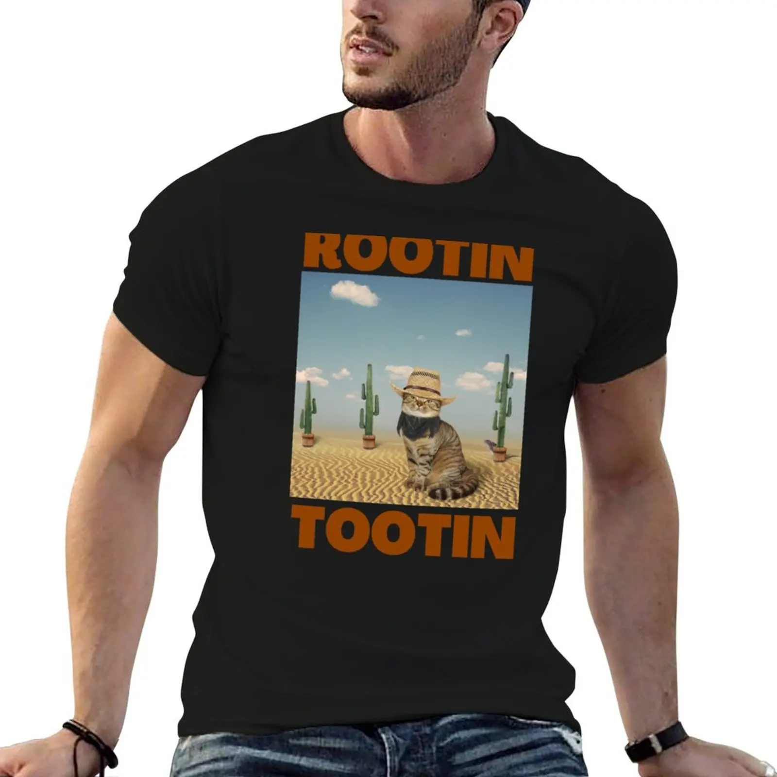 

mens Tootin humor graphic t shirts Rootin dark shirts t Cat funny T-Shirt Cowboy