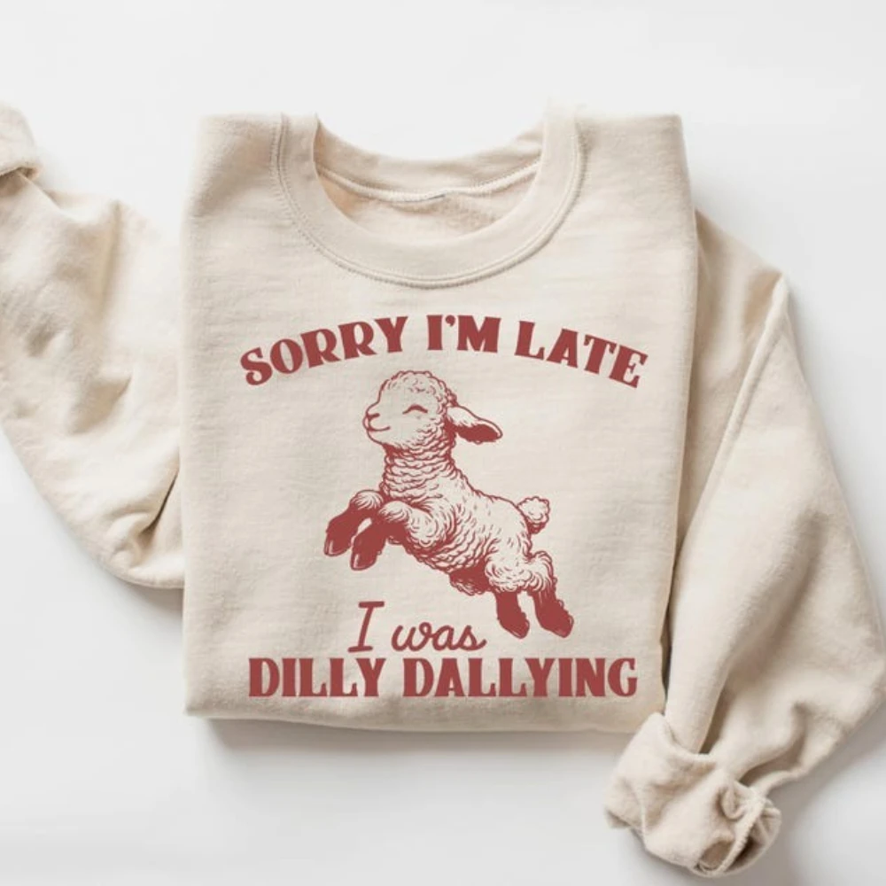 Sudadera de oveja con capucha de Animal divertido, suéter de cordero, ropa Y2k, Sorry Im Late I Was Dilly Dallying, lindo jersey de lana de granja a la moda