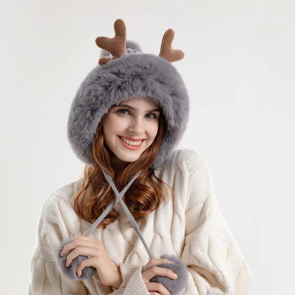 Plush Pom Beanie Thickened Deer Antler Beanie Thermal Windproof Ear Protection Cap Ribbed Soft Warm Earflap Hat Teens