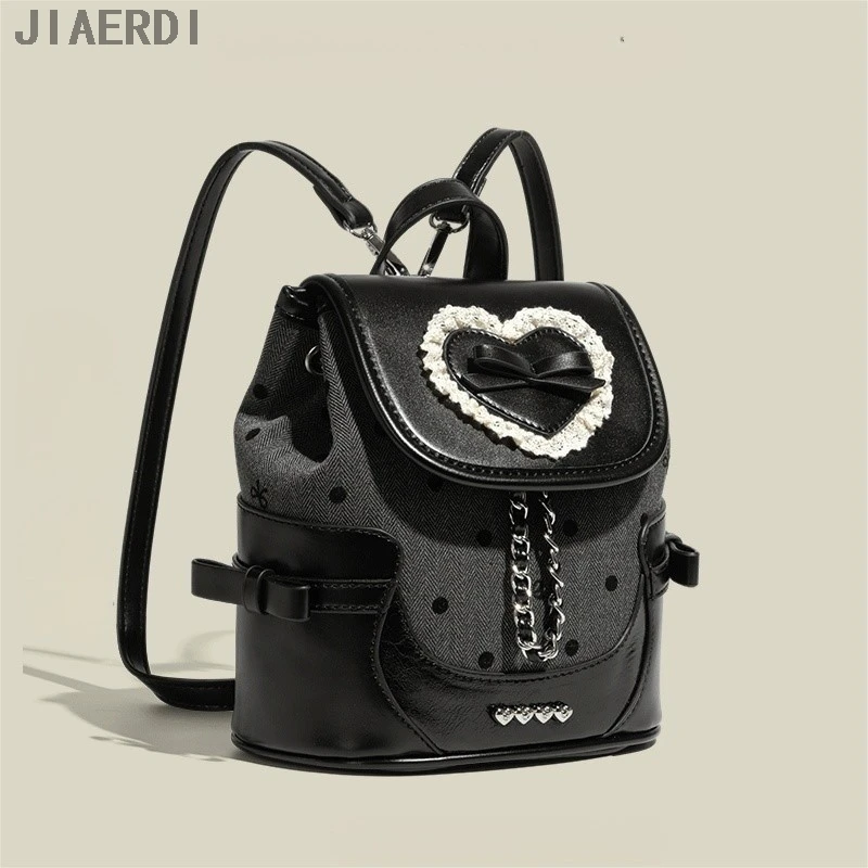 

JIAERDI Y2K Black Heart Bow Women's Backpack Harajuku Spice Girl School Mochila 2025 New Stylish Trendsetter Female Satchel