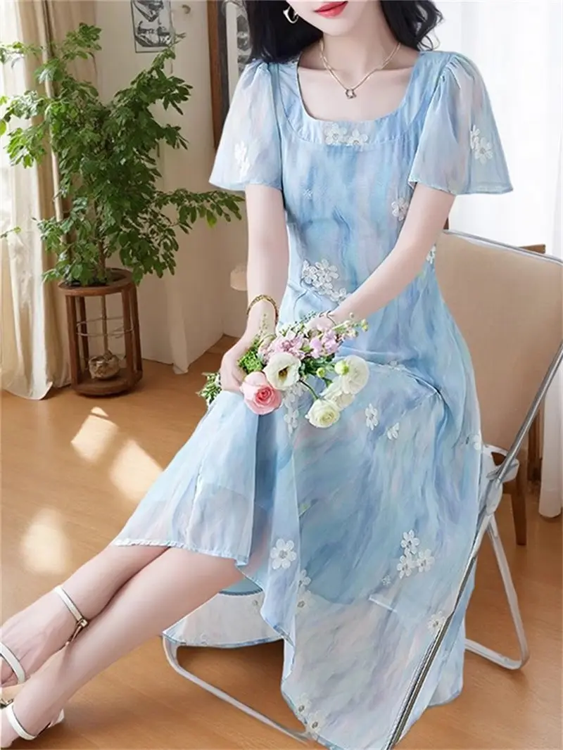 Abito longuette ricamato floreale blu di lusso - Abiti eleganti a maniche corte dimagranti firmati Parisian Summer 2025 G118