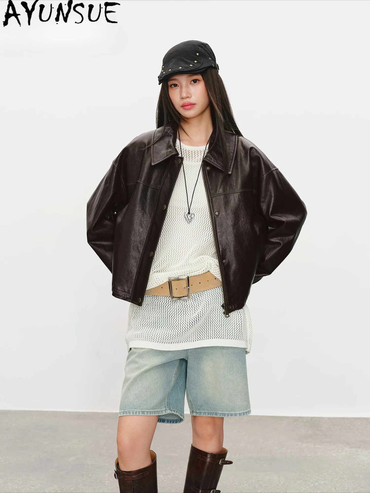 AYUNSUE 100% Sheepskin Real Leather Jacktet Women Spring Autumn Clothes Wax Vegetable Tanning Womens Coats Fashion Loose Fit