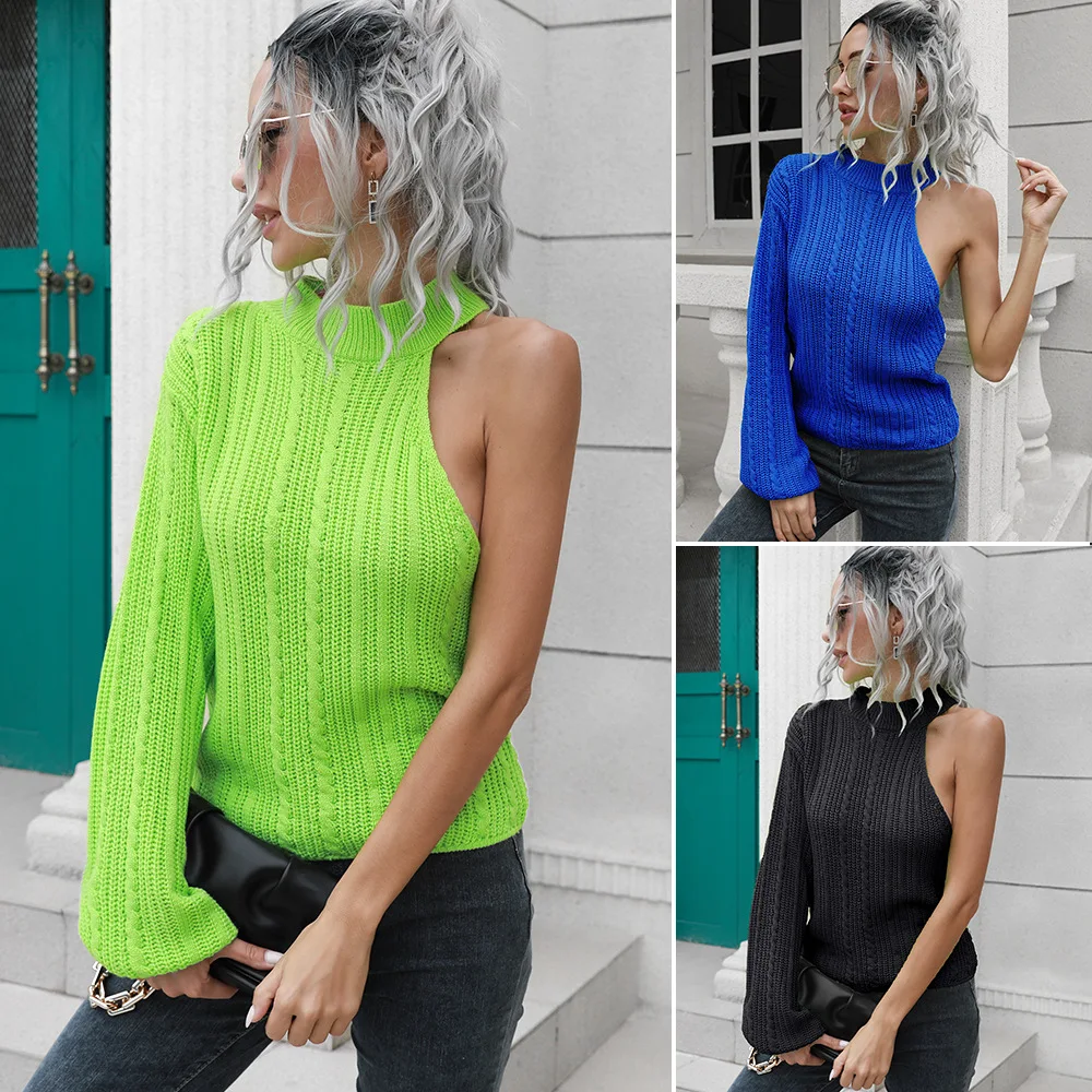 

Пуловер с открытыми плечами, женский осенне-зимний вязаный свитер с длинными рукавами, пуловеры с круглым вырезом Y2k