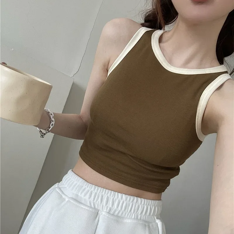 Spring Summer Color Block Sleeveless Vest Outerwear Pure Color Strap Innerwear Sports Top Base Shirt Beautiful Wrap Chest Women