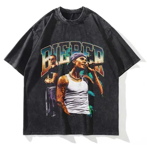 T-shirt baskılı grafik yıkanmış erkek ve kadın, kısa kollu, yuvarlak boyun, moda yaz, streetwear pantolonda en çok satılan 12, justin bieber-no. 1